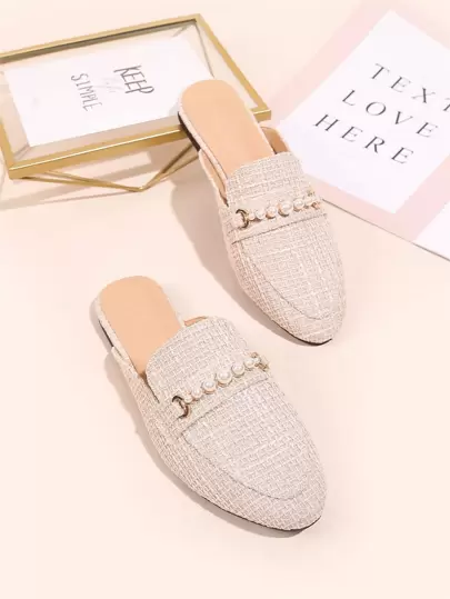 Fall/Winter Faux Pearl Decor Loafer Mules Valentines,Flats