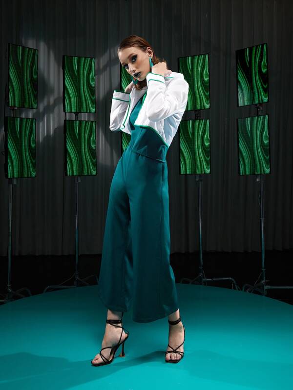 Ishaarah de color combinado Jumpsuit de pierna ancha & ribete en contraste con abertura Blazer corto