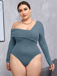 SHEIN Privé Plus Fold Asymmetrical Neck Waffle Knit Bodysuit - Dusty Blue - View 1