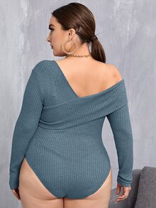 SHEIN Privé Plus Fold Asymmetrical Neck Waffle Knit Bodysuit - Dusty Blue - View 2