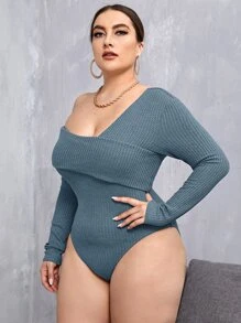 SHEIN Privé Plus Fold Asymmetrical Neck Waffle Knit Bodysuit - Dusty Blue - View 3