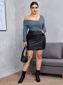 SHEIN Privé Plus Fold Asymmetrical Neck Waffle Knit Bodysuit - Dusty Blue - View 4