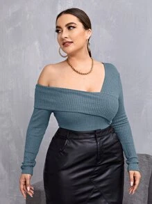 SHEIN Privé Plus Fold Asymmetrical Neck Waffle Knit Bodysuit - Dusty Blue - View 5