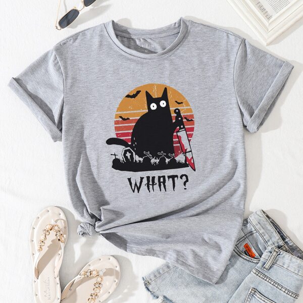 

Cat & Letter Graphic Tee, Light grey