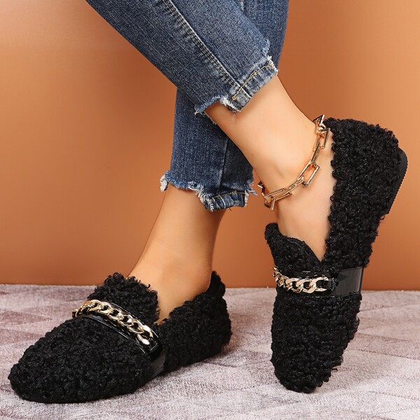 

Chain Decor Fluffy Loafers, Black