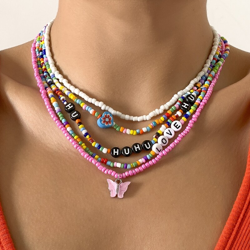

5pcs Butterfly Decor Beaded Necklace, Multicolor