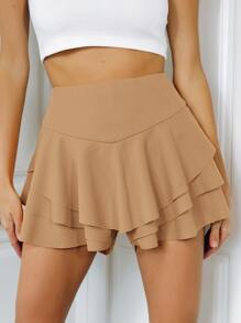 SHEIN Qutie Wide Waistband Layered Ruffle Hem Shorts - Camel - View 1
