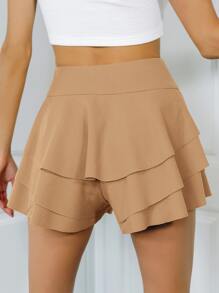 SHEIN Qutie Wide Waistband Layered Ruffle Hem Shorts - Camel - View 2
