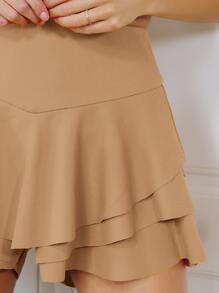 SHEIN Qutie Wide Waistband Layered Ruffle Hem Shorts - Camel - View 5