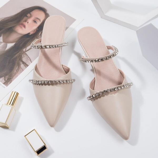 

Rhinestone Decor Point Toe Mule Pumps, Beige