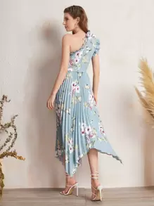 Modelyn Ruffle Trim One Shoulder Pleated Hanky Hem Belted Floral Dress - Mint Blue - View 2