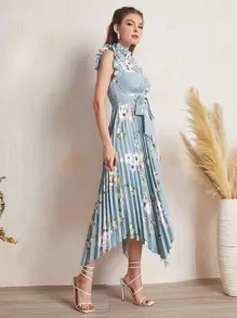 Modelyn Ruffle Trim One Shoulder Pleated Hanky Hem Belted Floral Dress - Mint Blue - View 3