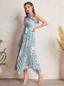 Modelyn Ruffle Trim One Shoulder Pleated Hanky Hem Belted Floral Dress - Mint Blue - View 5