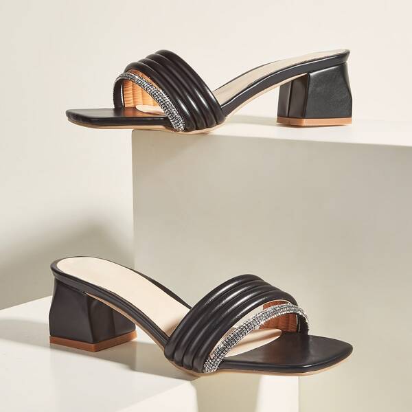 

Rhinestone Decor Chunky Heeled Mule Sandals, Black