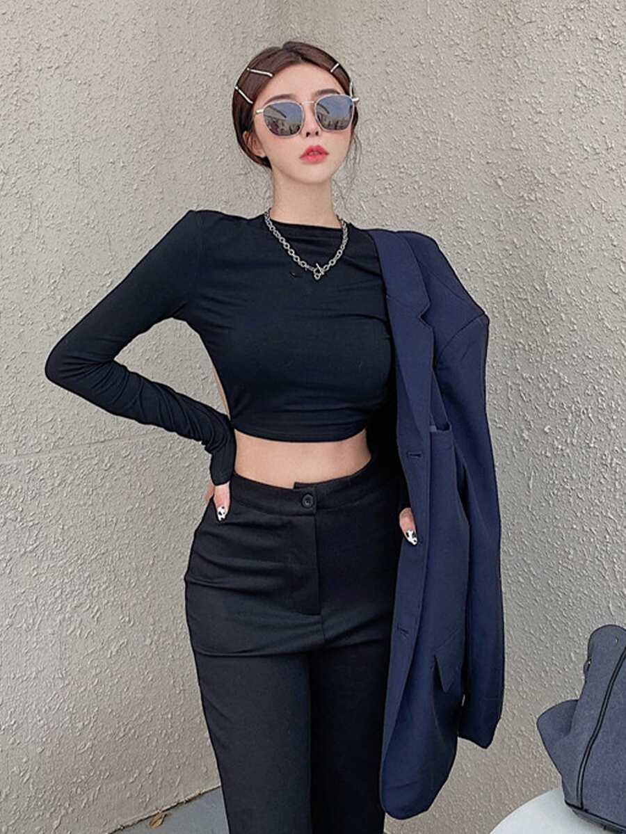 Solid Open Back Tie Detail Crop Tee - Black - View 1