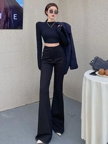 Solid Open Back Tie Detail Crop Tee - Black - View 5