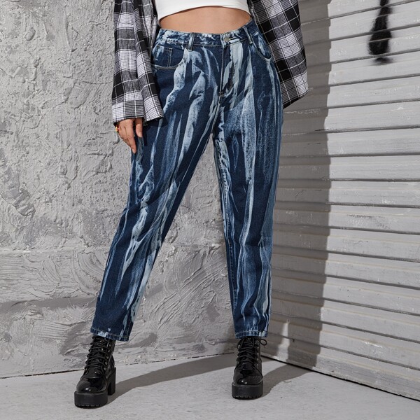 

Plus High Waist Tie Dye Mom Fit Jeans, Multicolor