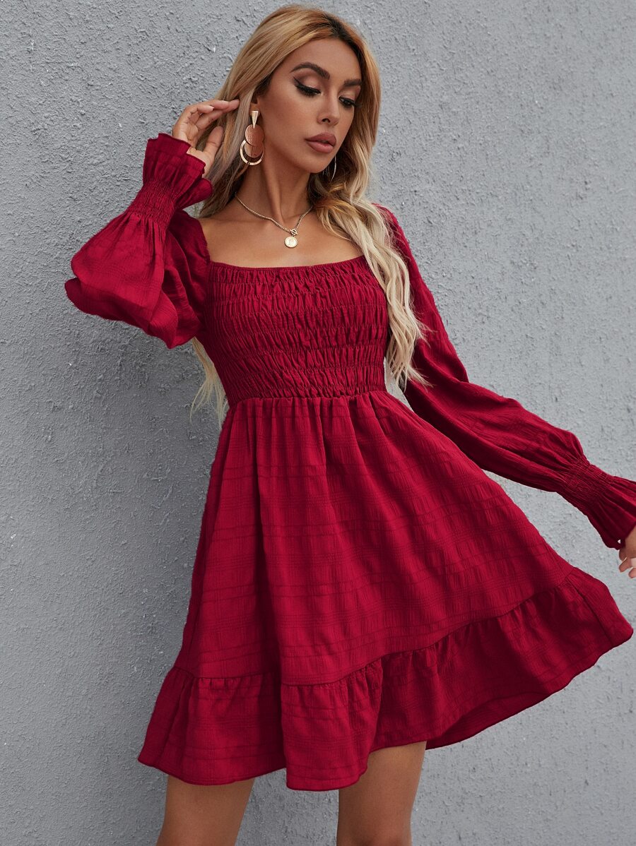 Shirred Bodice Ruffle Hem Dress - Burgundy - View 1