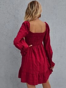 Shirred Bodice Ruffle Hem Dress - Burgundy - View 2