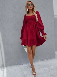 Shirred Bodice Ruffle Hem Dress - Burgundy - View 3