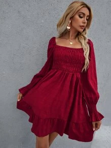Shirred Bodice Ruffle Hem Dress - Burgundy - View 4