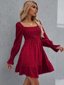 Shirred Bodice Ruffle Hem Dress - Burgundy - View 5