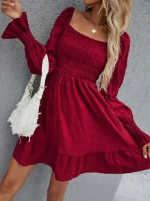 Shirred Bodice Ruffle Hem Dress - Burgundy - View 6