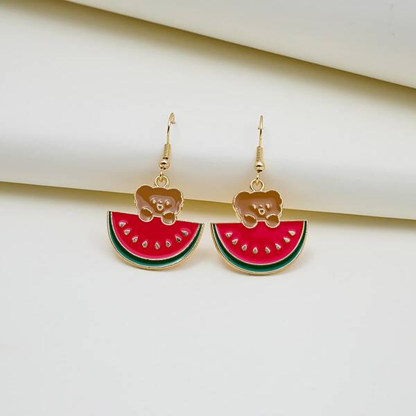 

Watermelon & Bear Drop Earrings, Red