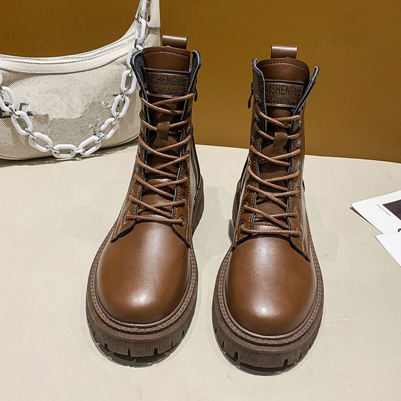 

Lace Up Design Side Zipper Combat Boots, Brown