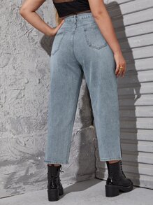 Quần Denim kích thước lớn Nút Túi Chia Dây kéo Denim mùa giặt màu trơn - Rửa nhẹ - Xem 2