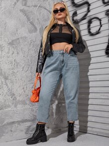 Quần Denim kích thước lớn Nút Túi Chia Dây kéo Denim mùa giặt màu trơn - Rửa nhẹ - Xem 3