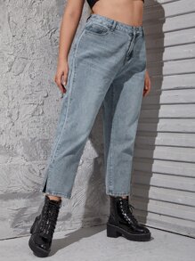 Quần Denim kích thước lớn Nút Túi Chia Dây kéo Denim mùa giặt màu trơn - Rửa nhẹ - Xem 4