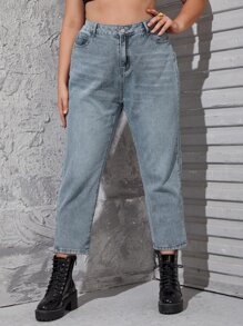 Quần Denim kích thước lớn Nút Túi Chia Dây kéo Denim mùa giặt màu trơn - Rửa nhẹ - Xem 5