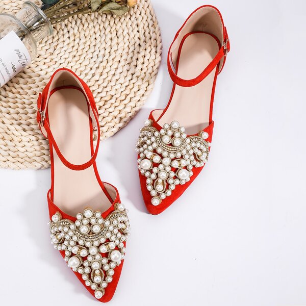

Faux Pearls Decor Ankle Strap Flats, Red