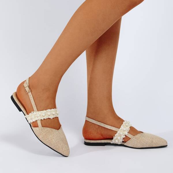 

Faux Pearls Decor Slingback Flats, Beige