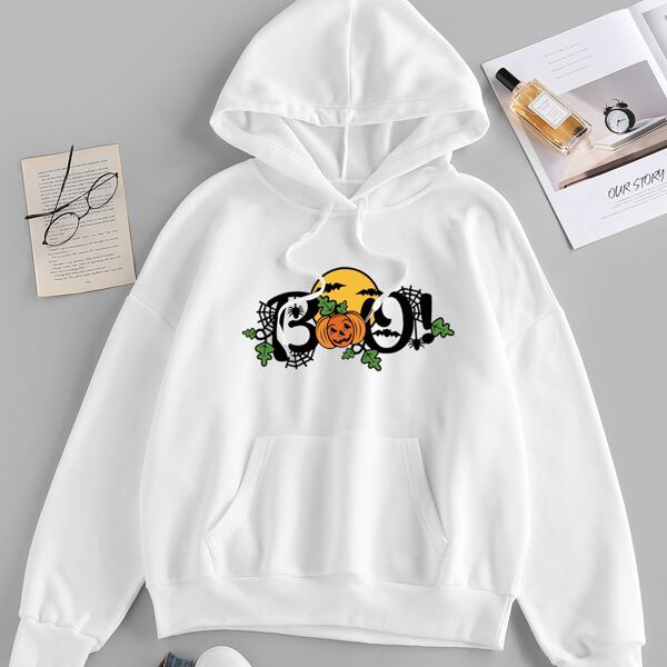 

Halloween Print Drawstring Detail Pocket Sweatshirt, White