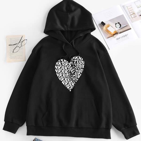 

Heart & Letter Graphic Kangaroo Pocket Drawstring Hoodie, Black