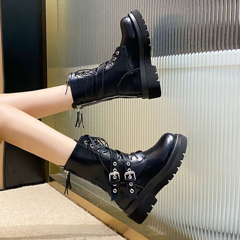 

Zip Back Lace-up Front Boots, Black