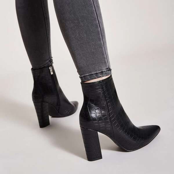 

Point Toe Side Zip Croc Chunky Boots, Black