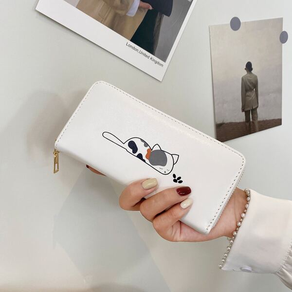 

Cartoon Cat Graphic Long Wallet, White