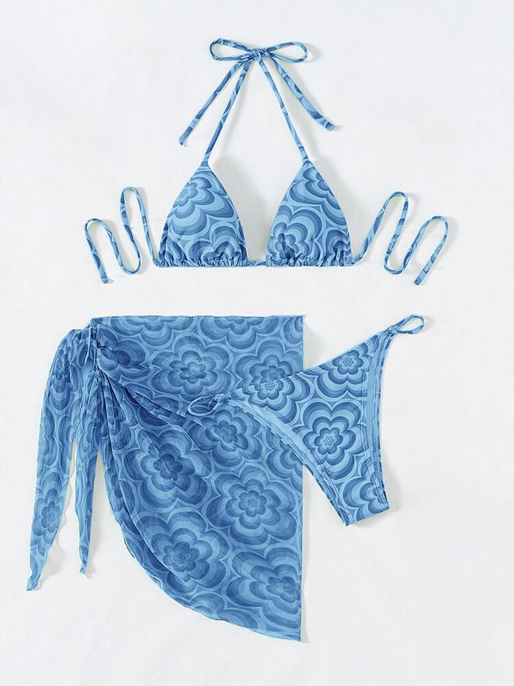 3packs Floral Triangle Thong Halter Bikini Set & Beach Skirt, For Summer Vacation - Blue - View 3