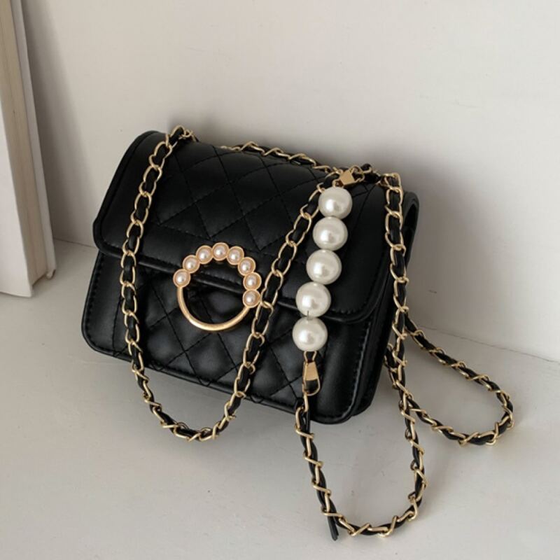 

Faux Pearl Decor Flap Shoulder Bag, Black