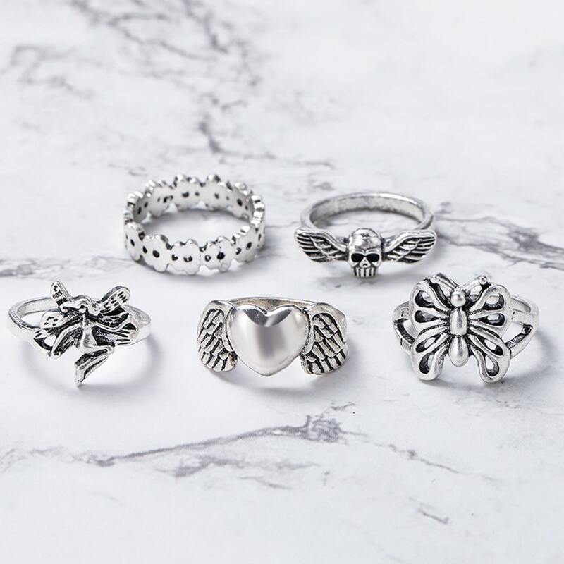 

5pcs Butterfly Decor Ring, Antique silver