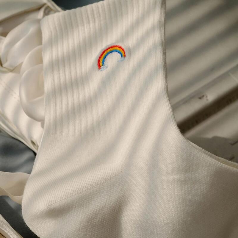 

1pair Rainbow Decor Crew Socks, White