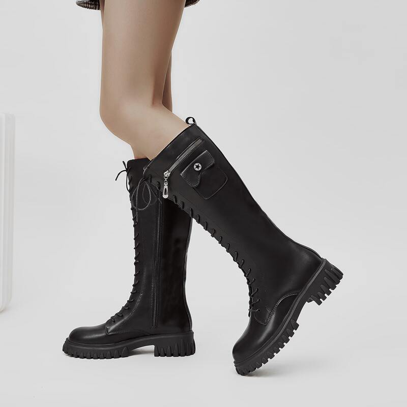 

Side Zip Lace Up Front Boots, Black