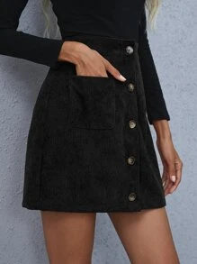 Váy nữ Túi Nút phía trước màu trơn Giải trí - màu đen - Xem 3