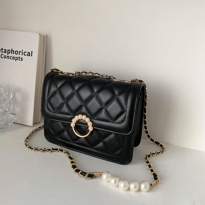 

Faux Pearl Decor Flap Shoulder Bag, Black