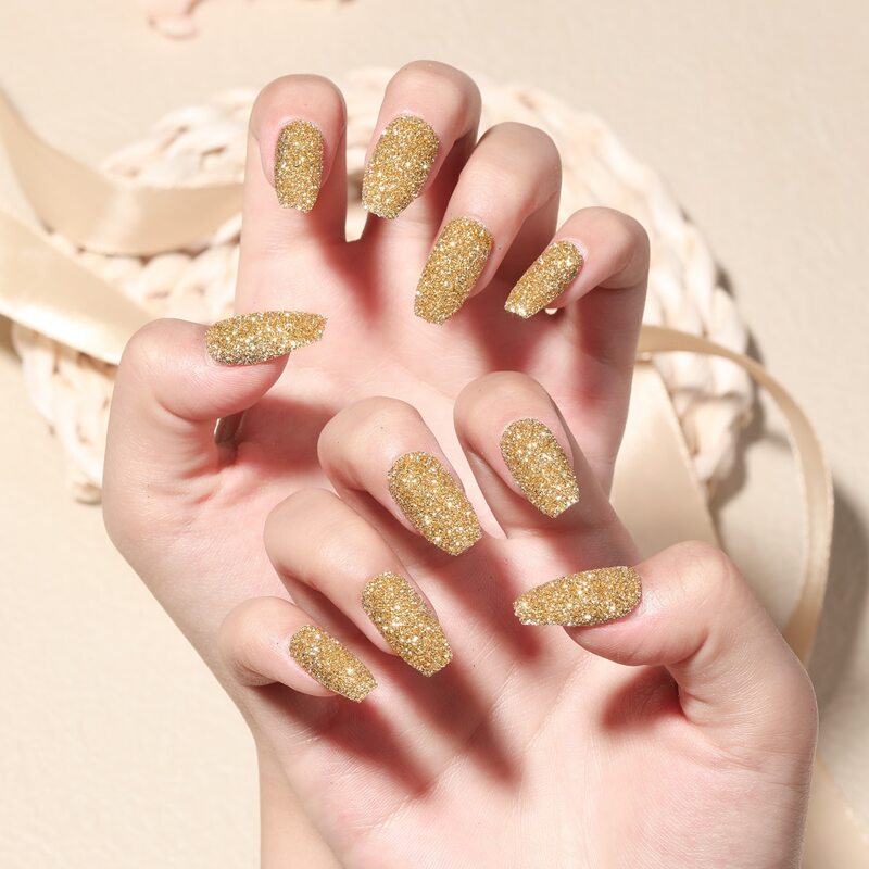 

24pcs Glitter Fake Nail & 1sheet Tape & 1pc Nail File, Yellow