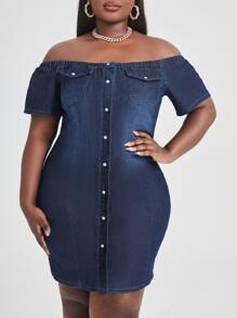 Vestido mezclilla ajustado de hombros descubiertos con bolsillo con solapa - Azul lavado oscuro - Ver 1