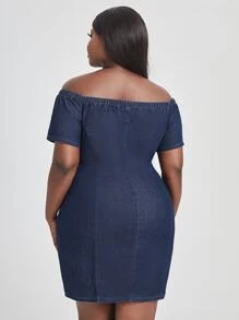 Vestido mezclilla ajustado de hombros descubiertos con bolsillo con solapa - Azul lavado oscuro - Ver 2